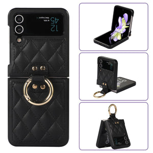 Luxury Quilted Leather Case for Samsung Galaxy Z Flip 4 Flip 3 Cover with Finger Ring Stand Black